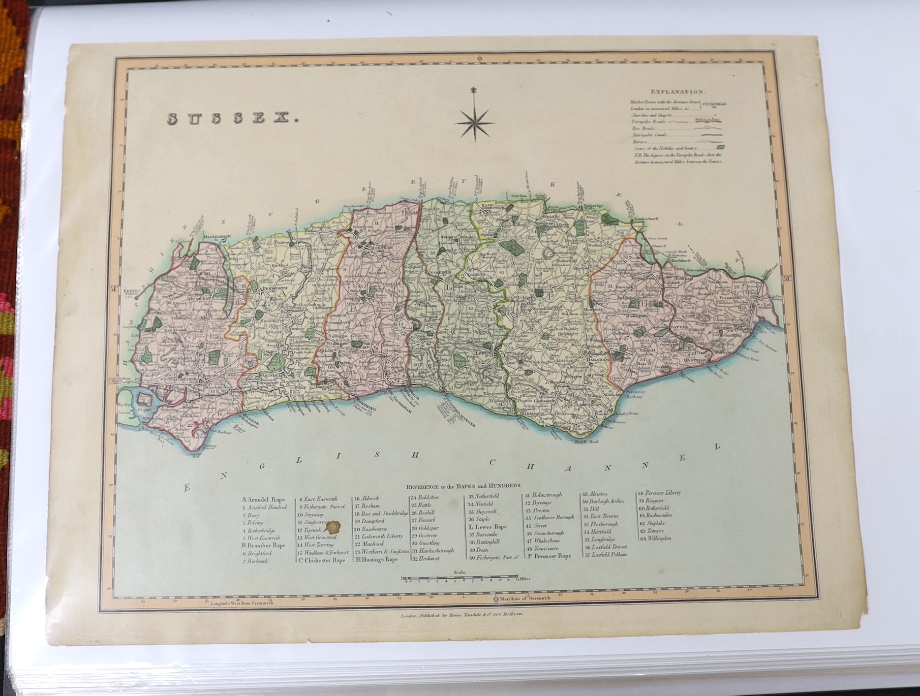 A folder of sixty-six mainly 18th and 19th century Sussex related maps, etc. including; engraved maps, including some from books, some examples in mounts, town plans of Brighton and Chichester, a road map, etc.